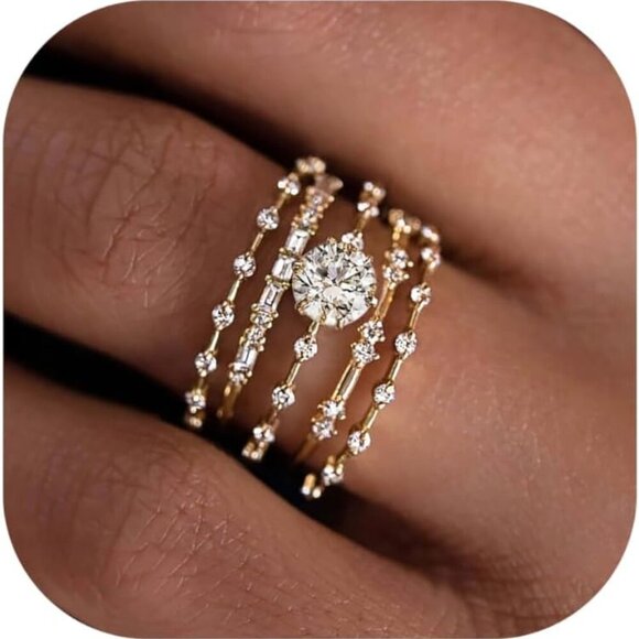 Jewelry - Trendy 5PCS Non-Tarnish Gold Stacking Rings with Cubic Zirconia - Size 6-10